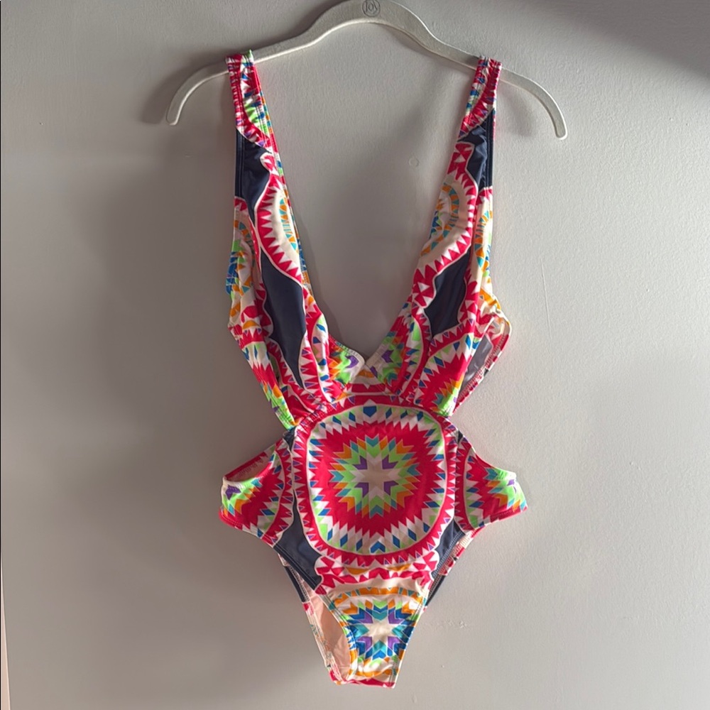 Mara Hoffman Red and Pink One Piece with Plunging V-neckline